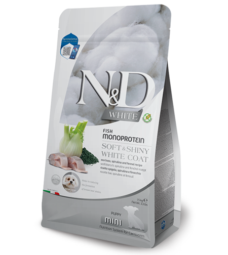 N&D White Dog Sea Bass Puppy Mini – Храна за подрастващи кученца от мини породи с бяла козина, лаврак, спирулина и фенел 1.5кг