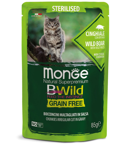 Monge BWILD Grain Free Sterilised с глиганско и зеленчуци – пауч с хапки в сос 85 г