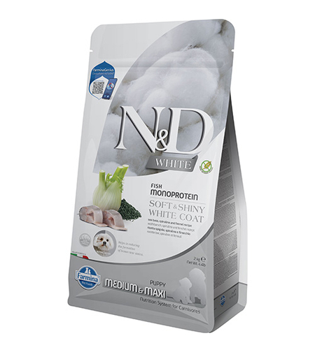 N&D White Dog Sea Bass Puppy Medium & Maxi – Храна за подрастващи кученца от средни и едри породи с бяла козина, лаврак, спирулина и фенел 2 кг