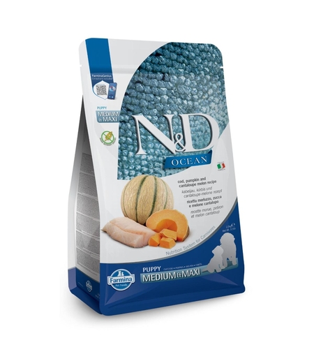 N&D Ocean Cod Puppy Medium & Maxi – Храна за подрастващи кучета от средни и едри породи с треска, тиква и пъпеш 12кг
