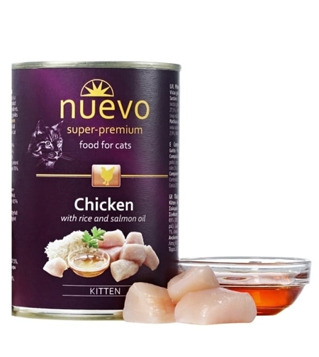 Nuevo Cat Chicken with Rice and Salmon Oil Kitten - с пилешко месо и масло от сьомга, за котенца от 1 до 12 месеца 400 г