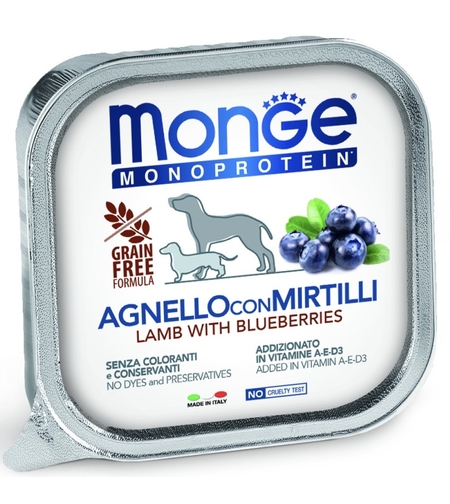 Monge Dog Monoprotein Adult Fruit Pate Lamb & Blueberries – пастет за кучета в зряла възраст с агнешко и боровинки, 150 g