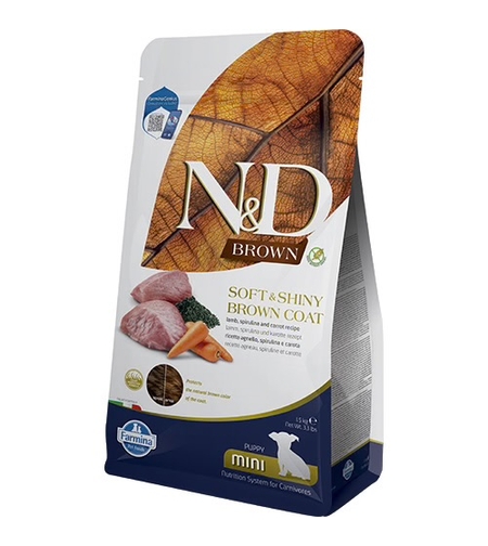 N&D Brown Dog Lamb Puppy Mini – Храна за подрастващи кученца от дребни породи с кафява козина, агнешко, спирулина и морков 1.5кг