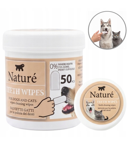 Naturé Teeth Wipes – мокри кърпички за почистване на зъби за кучета и котки, 50 бр