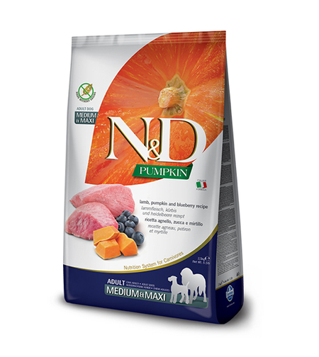 N&D Pumpkin Lamb & Blueberry Adult Medium & Maxi – храна за кучета с агнешко и боровинка, 2.5 kg / 12 kg