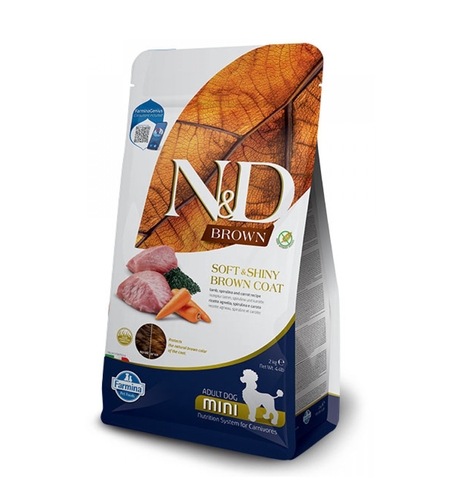 N&D Brown Dog Lamb Adult  Mini – Храна за кучета с кафява козина от мини породи ,с агнешко, спирулина и морков 2кг и 5кг