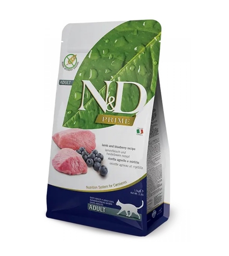 N&D Prime Lamb & Blueberry Cat Adult – храна за котки над 1 година с агнешко и боровинки, 300 g / 1.5 kg / 5 kg