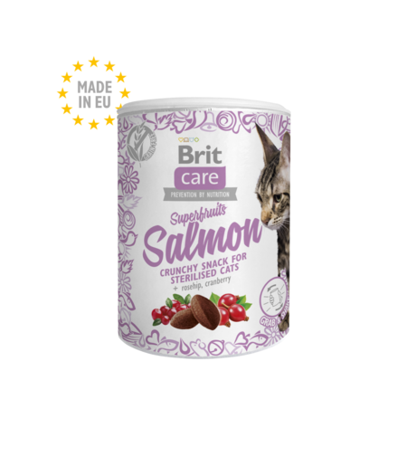 Brit Care  Snack Superfruits Salmon - лакомство за котки със сьомга, шипка и червена боровинка, 100гр.