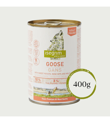 Isegrim Adult Goose & Sweet Potato -  консерва за израснали кучета с гъска, сладки картофи, шипки и билки 400г.