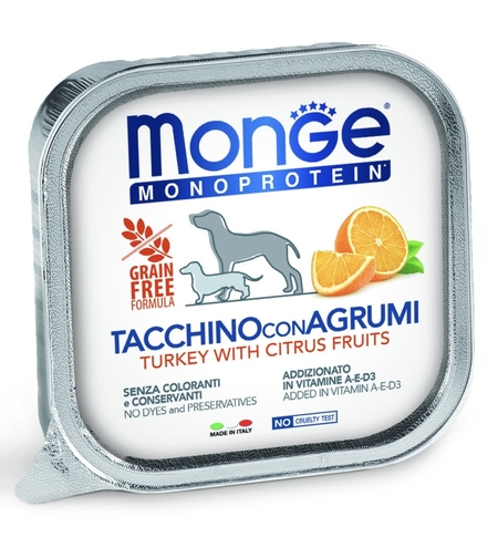 Monge Dog Monoprotein Adult Fruit Pate Turkey & Citrus Fruits – пастет за кучета в зряла възраст с пуешко и цитрусови плодове, 150 g