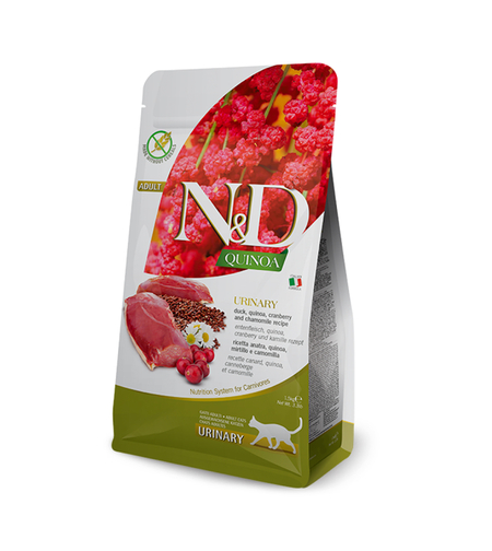 N&D Quinoa Urinary Duck Cat Adult – храна за котки над 1 година за уринарно здраве, с патешко, киноа, червена боровинка и лайка, 300 g / 1.5 kg / 5 kg