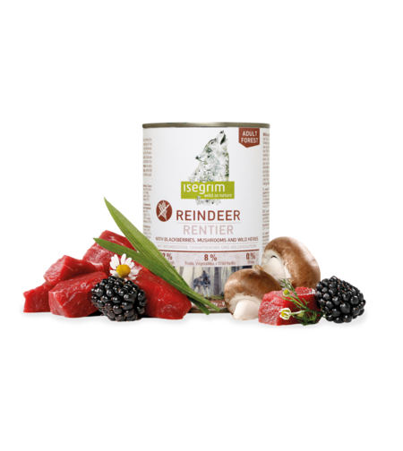 Isegrim Adult Reindeer, Blackberries & Mushrooms - консева за израснали кучета, с месо от северен елен, боровинки и гъби 800г
