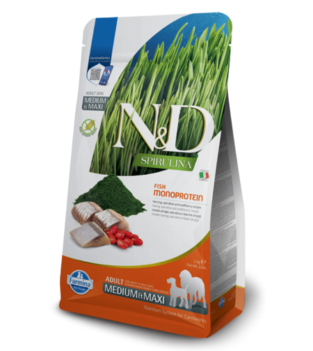 N&D Spirulina Herring Adult Medium & Maxi – Храна за кучета от средни и едри породи с херинга, спирулина и годжи бери 7 кг