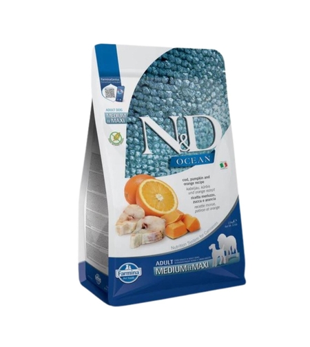 N&D Ocean Cod Adult Medium & Maxi – Храна за кучета от средни и едри породи с треска, тиква и пъпеш 2.5 кг, 12кг