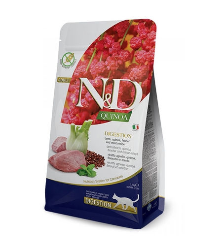N&D Quinoa Digestion Lamb Cat Adult – храна за котки над 1 година за храносмилане, с агнешко, киноа, копър, мента и артишок, 300 g / 1.5 kg