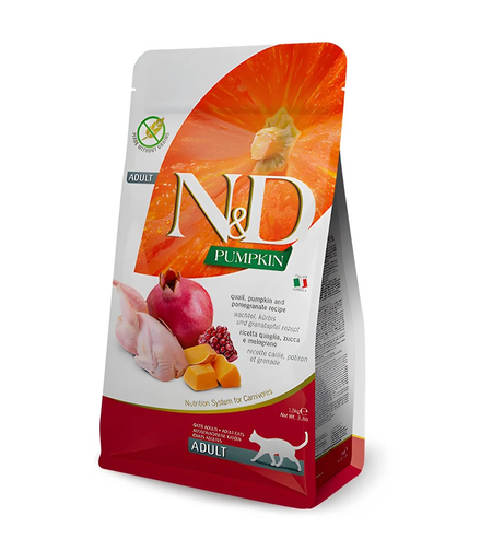 N&D Pumpkin Quail & Pomegranate Cat Adult – храна за котки над 1 година с пъдпъдък, тиква и нар, 300 g / 1.5 kg / 5 kg