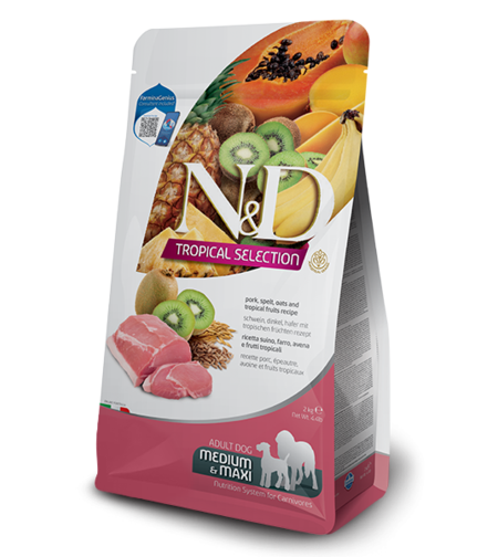 N&D Tropical Selection Pork Adult Medium & Maxi – храна за кучета, със свинско и тропически плодове, за средни и големи породи, 2 kg / 10 kg