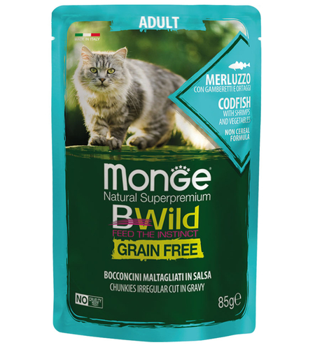 Monge BWILD Grain Free Adult с риба треска, скариди и зеленчуци – пауч с хапки в сос 85 г