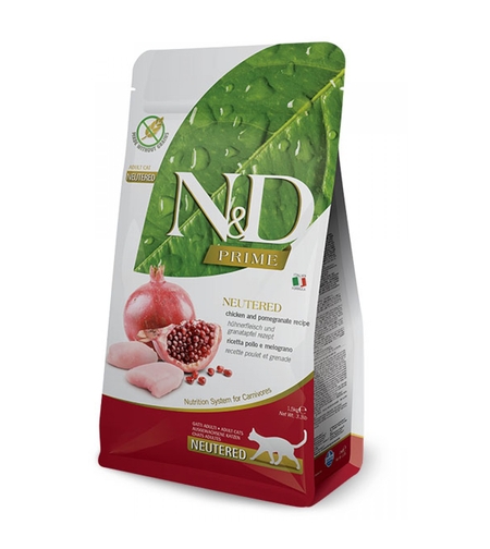N&D Prime Chicken & Pomegranate Cat Neutered Adult – храна за кастрирани котки над 1 година с пиле и нар, 300 g / 1.5 kg / 5 kg