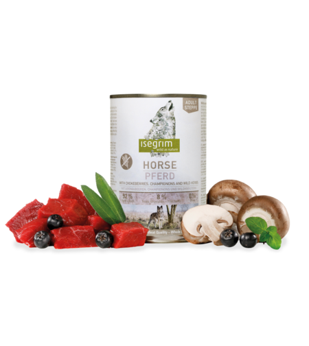 Isegrim Adult Horse, Chokeberries & Champignons - консерва за израснали кучета. С конско, арония и гъби 800г