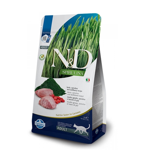 N&D Spirulina Lamb & Wolfberry Cat Adult – храна за котки над 1 година с агнешко, спирулина и годжи бери, 1.5 kg
