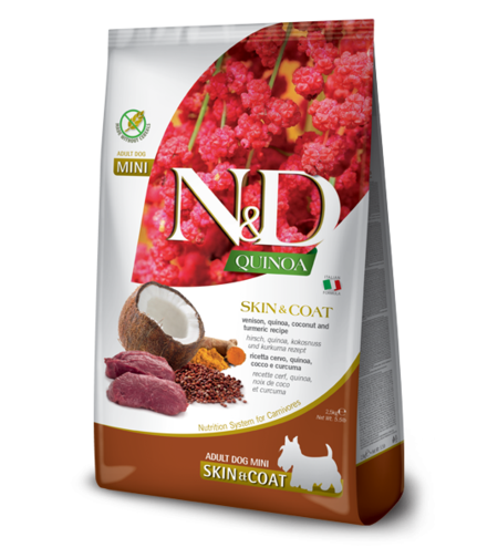 N&D Quinoa Skin & Coat Venison Adult Mini Breeds – храна за кучета за кожа и козина, с еленско, за дребни породи, 0.800 kg / 7 kg