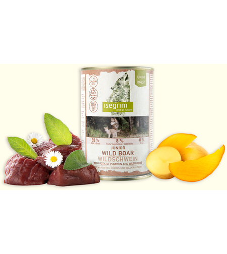 Isegrim Junior Wild boar, Potato & Pumpkin - консерва за подрастващи кученца с глиган, картофи и тиква 800г