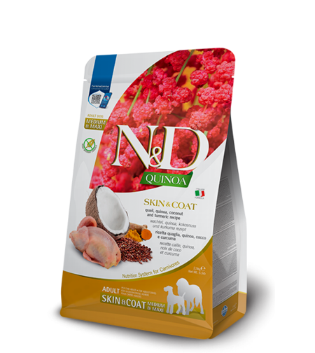 N&D Quinoa Skin & Coat Quail Adult Medium & Maxi – храна за кучета за кожа и козина, с вкус пъдпъдък, за средни и големи породи, 2.5 kg