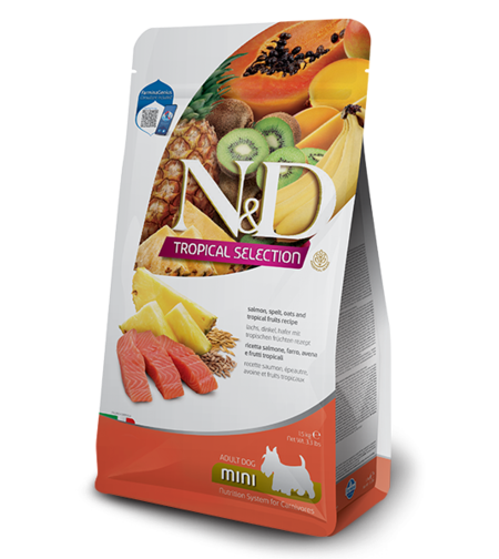 N&D Tropical Selection Salmon Adult Mini – храна за кучета, със сьомга и тропически плодове, за дребни породи, 1.5 kg / 5 kg