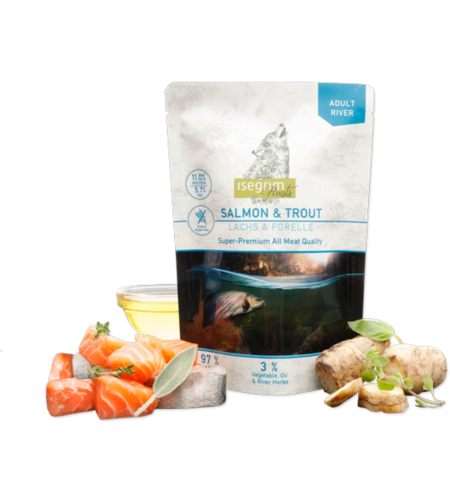 Isegrim Salmon, Trout, Sunchoke, River herbs - сьомга, пъстърва, слънчоглед, шафраново масло 410 гр. / пауч /