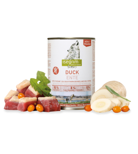 Isegrim Adult Duck & Parsnip - консерва за израснало куче с патица, пащърнак и морски зърнастец 800г