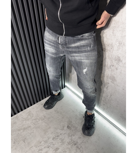 Мъжки Дънки Тъмносиви с Изсветлени Участъци 532