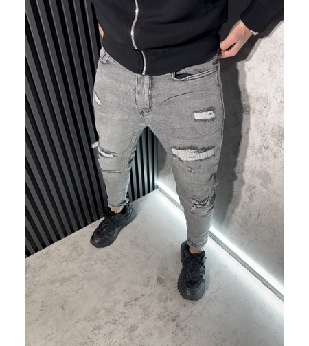 Мъжки Дънки Сиви с Кръпки 5848