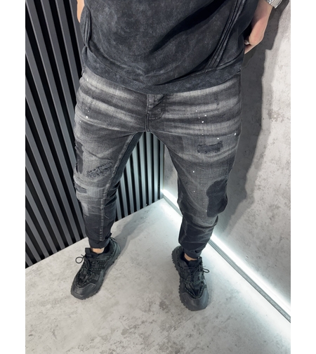 Мъжки Дънки Черни с Кръпки, Пръски и избелващ ефект