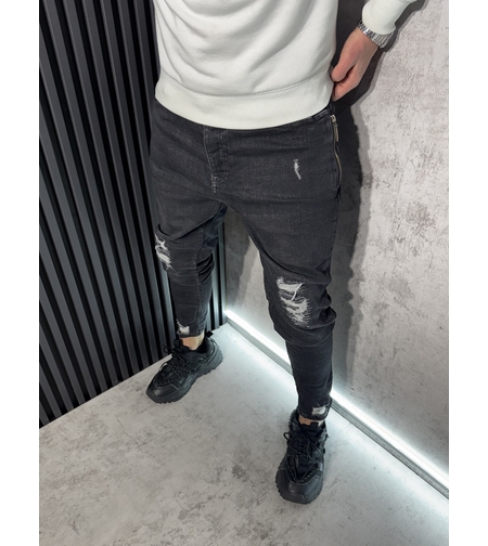 Мъжки Дънки Черни с Разкъсвания и Ципове Около Джобовете 8406