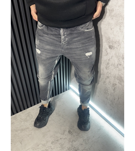 Мъжки Дънки Сиви с Избелващ Ефект и Кръпки