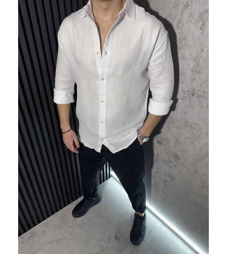 Мъжка Ленена Риза в Бял Цвят