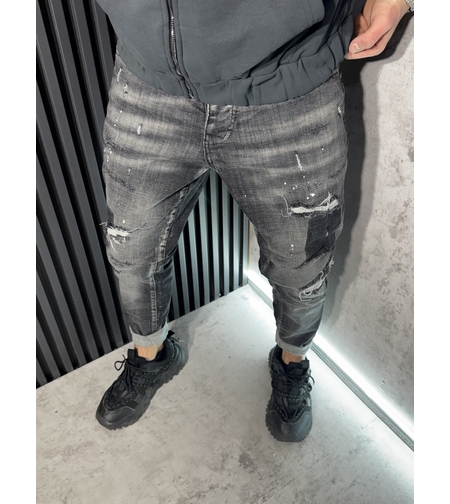 Мъжки Дънки Тъмносиви с Кръпки и Пръски - 351 R2