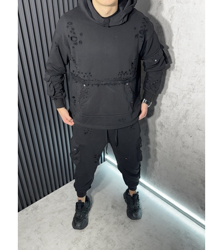 Мъжки Спортен Екип с Разкъсани Ефекти в Черно