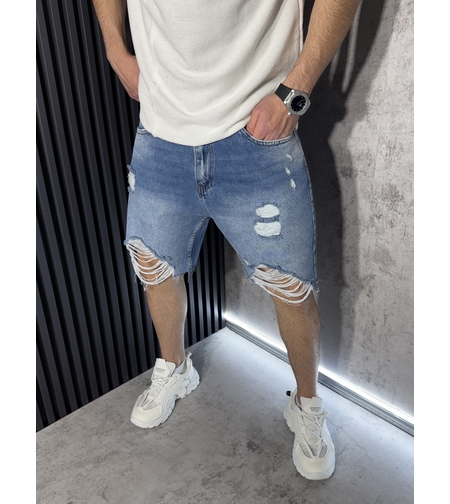 Мъжки Къси Oversized Дънки с Декоративни Разкъсвания в Синьо 450