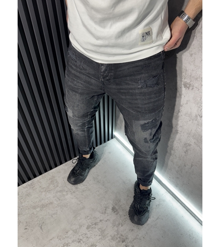 Мъжки Дънки Черни с Кръпки и Изтъркан Ефект - 284