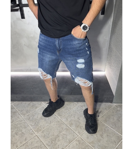Къси Oversized Дънки с Декоративни Разкъсвания в Тъмносиньо