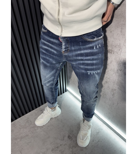 Мъжки Дънки в Синьо с Бели Пръски и Избелващ Ефект