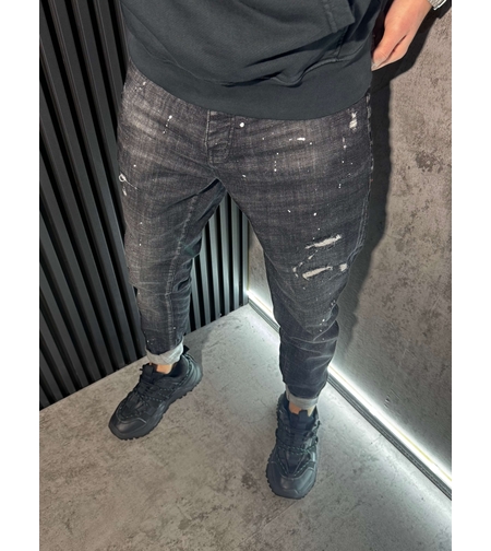 Мъжки Дънки Черни с Разкъсвания и Бели Пръски 200-1