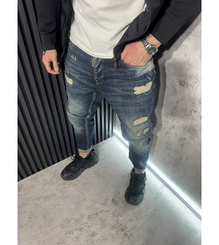 Мъжки Дънки Тъмносини с Кръпки - 271 R2