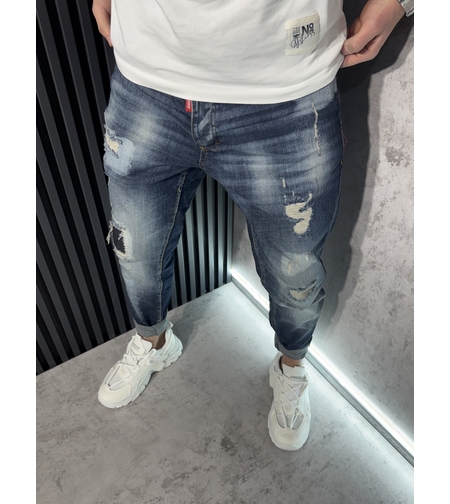 Мъжки Дънки в Синьо с Кръпки и Избелващ Ефект.