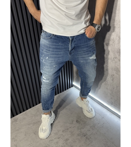 Мъжки Сини Skinny Fit Дънки с Кръпки 3428