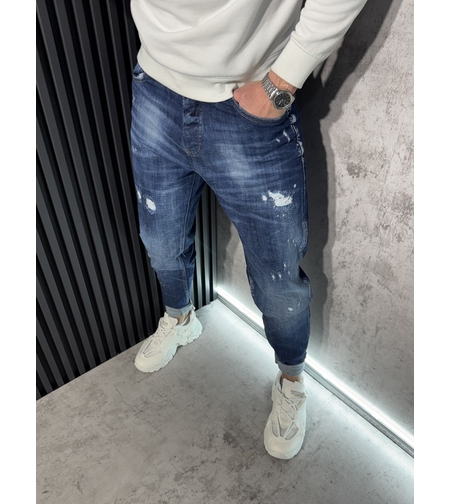 Мъжки Дънки Тъмносини с Кръпки с Леки Разкъсвания 12215