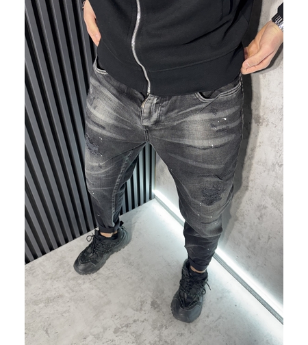 Мъжки Дънки в Черно с Бели Пръски и Избелващ Ефек