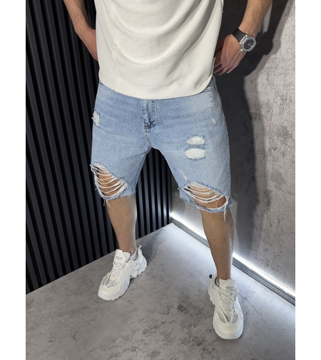 Мъжки Къси Oversized Дънки с Декоративни Разкъсванияв Светлосиньо